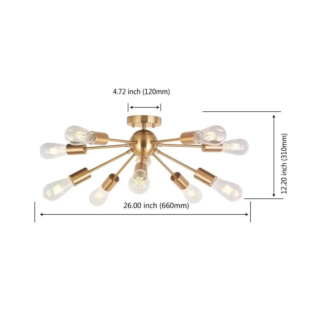 Modern Sputnik Chandelier Brushed Brass‎ 10 Light Flush Mount Ceiling Lamp